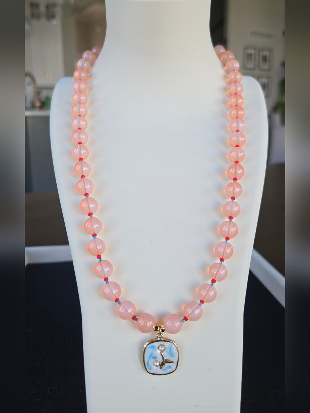 Handcrafted Orange Glass  Beaded Necklace with Ocean Pendant